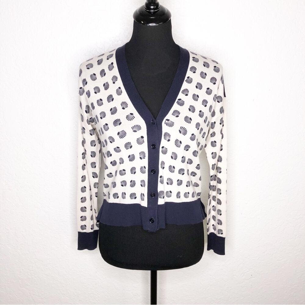 Ann Taylor navy blue cream seashell print button cardigan Extra Small XS NWT